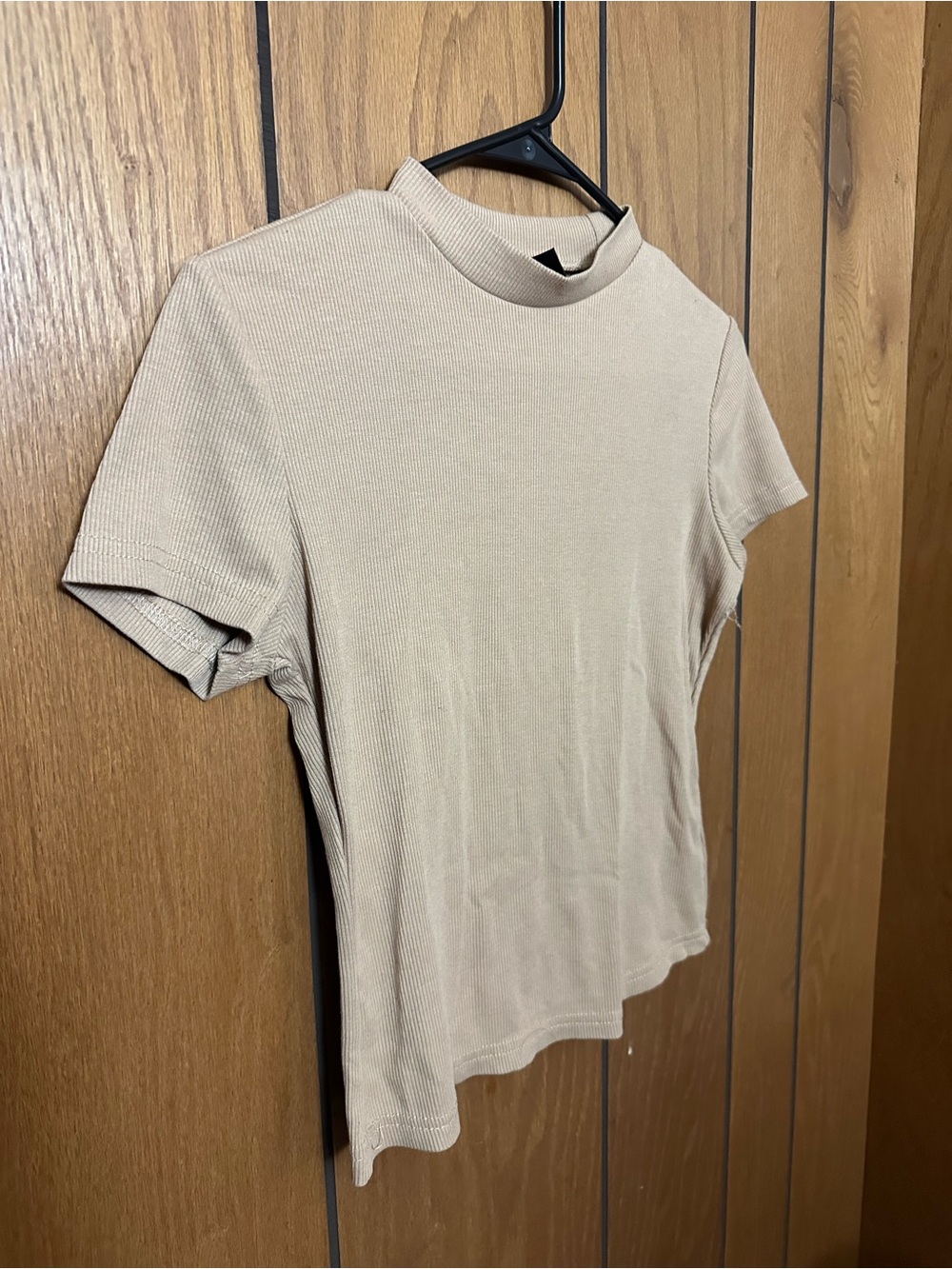 SHEIN Beige Short Sleeve Mock Neck Ribbed Top